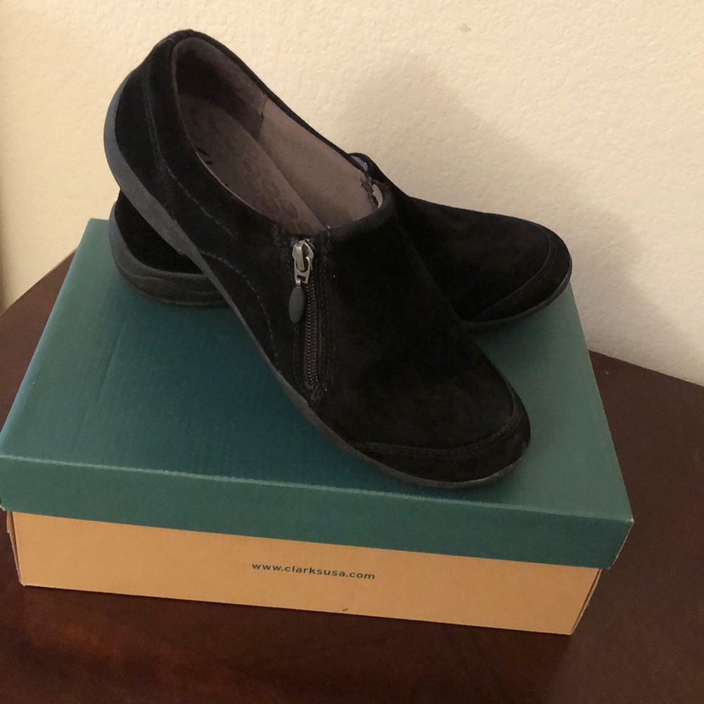 Clarks suede loafers.